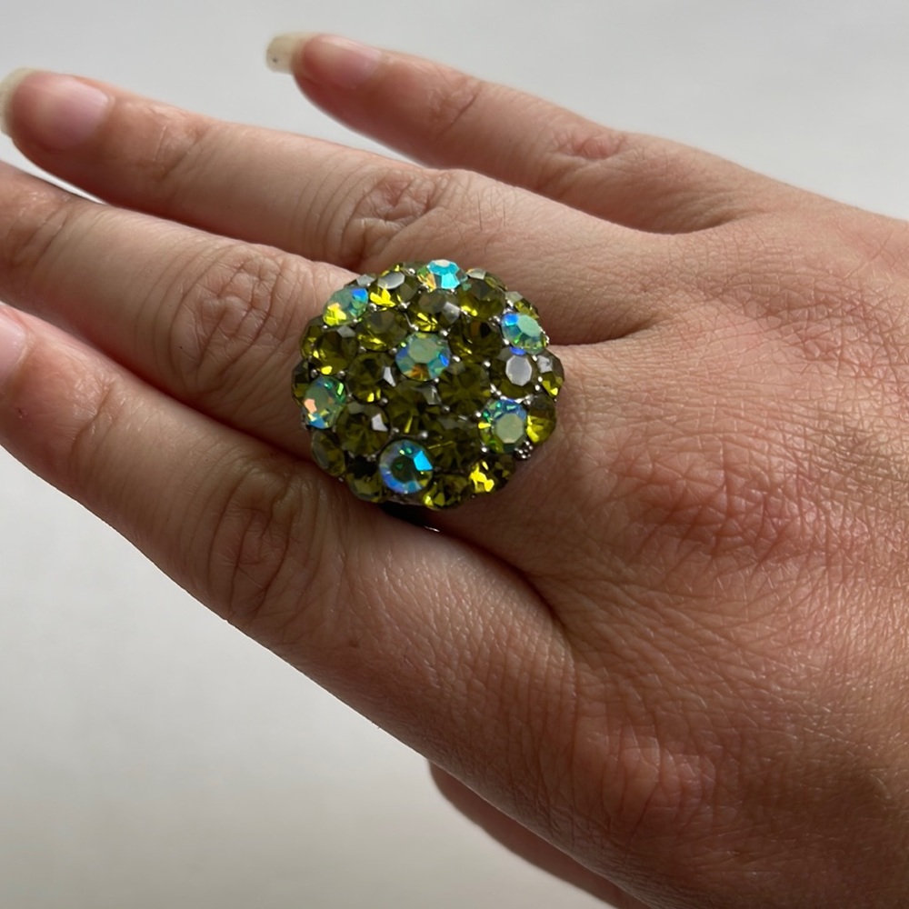 Olive Green Rhinestone Adjustable Ring - image 1